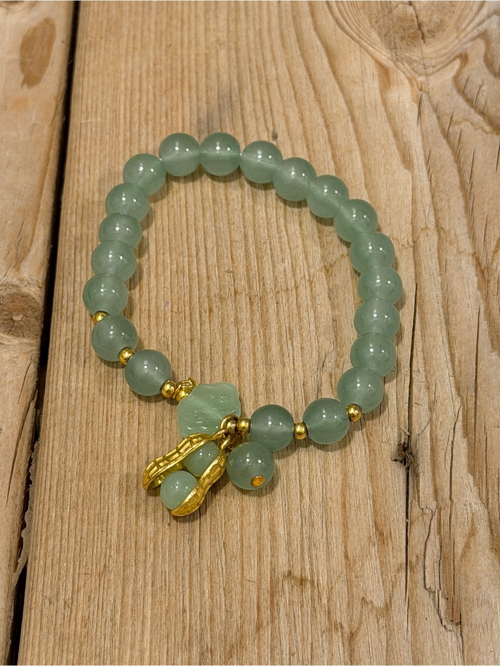 Green Jade Beaded Stretch Bracelet with Gold Accents
